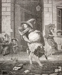 A Carrier Ferrying a Woman across the Street on a Rainy Day in 18th Century Paris, 1875